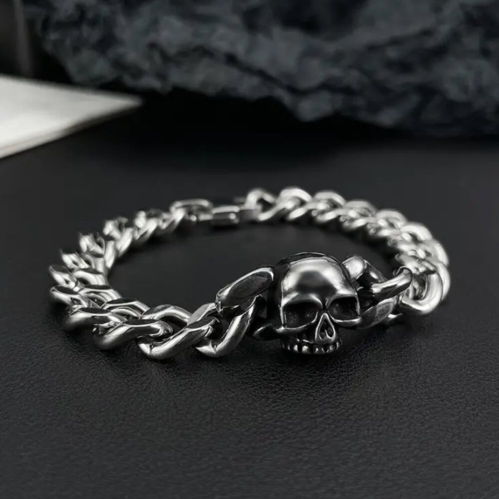 8" Womens 14K White Gold Chain Link Skull Bracelet 14 K Silver Skulls Jewelry